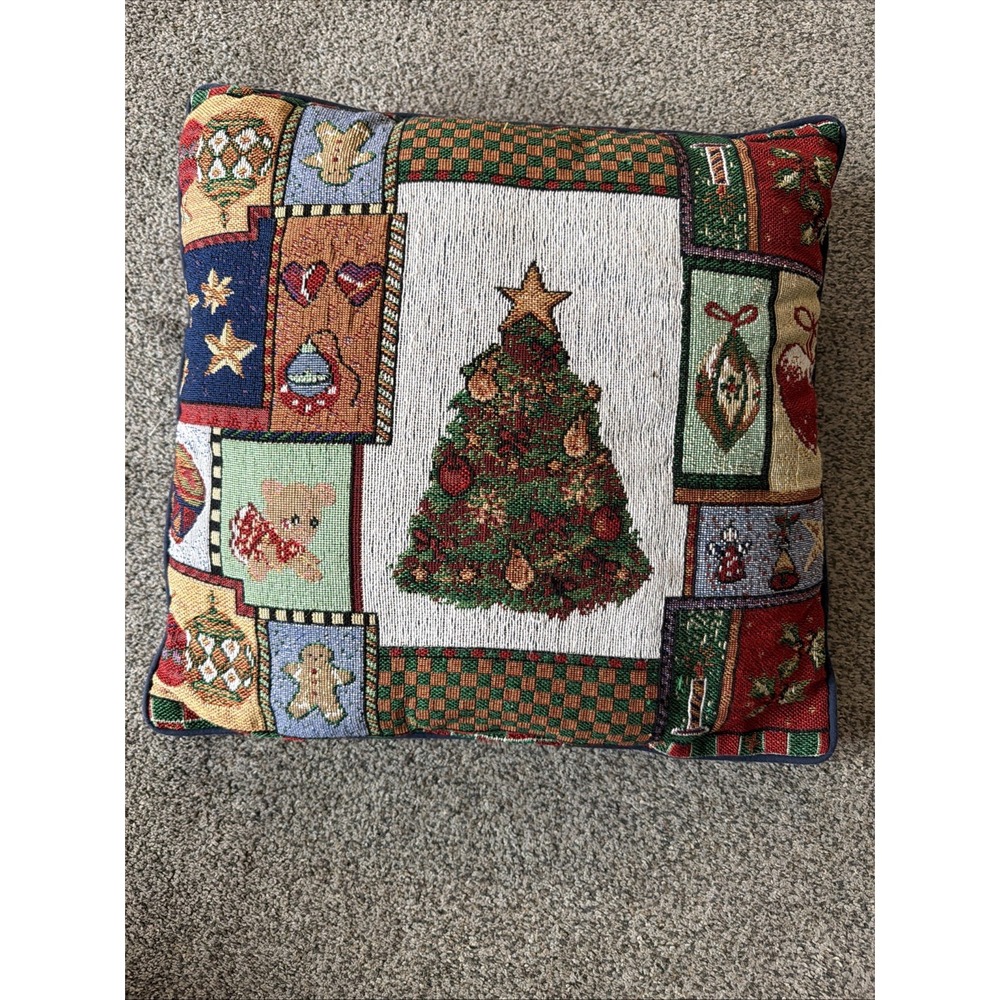 Vintage Christmas Decorative Throw Pillow Red Tapestry Tree & Ornaments 17x17"